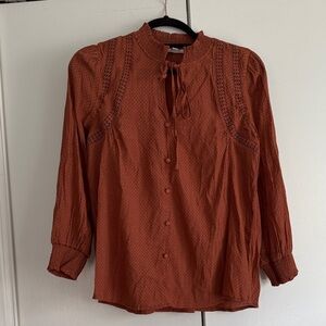 MINE Women's‎ Brown Polka Dot Mock Neck Tie Neck Long Sleeve Blouse Size L
